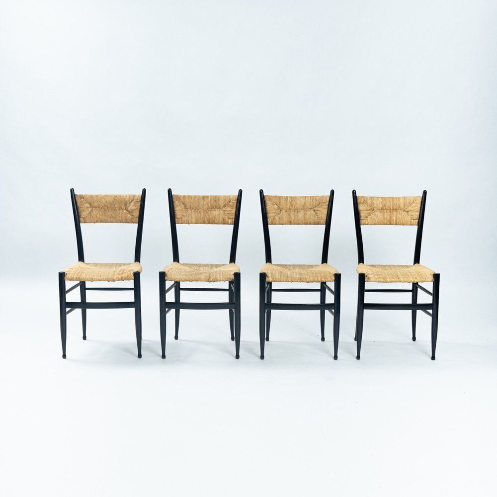 Spinetto Dining Chairs In Ebonised Straw By Chiavarine Fratelli, 1950s, Set Of 4