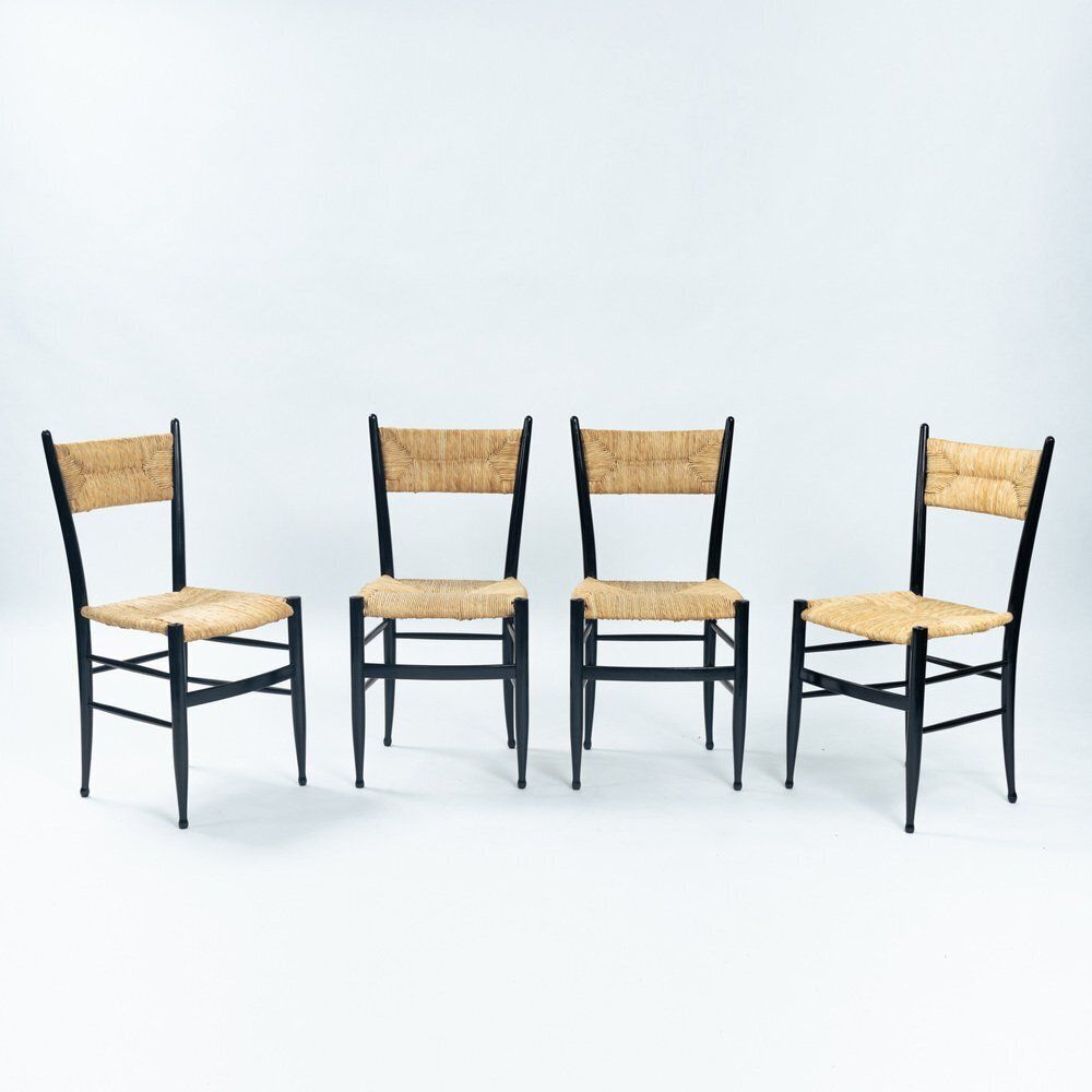 Spinetto Dining Chairs In Ebonised Straw By Chiavarine Fratelli, 1950s, Set Of 4 photo furniture