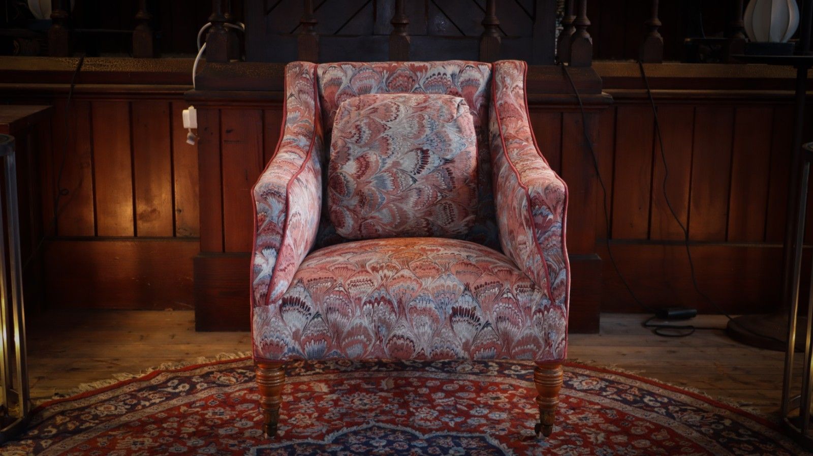 Howard & Sons Buttoned Georgian Open Armchair In Pecock Tail Abstract Fabric photo vinterior