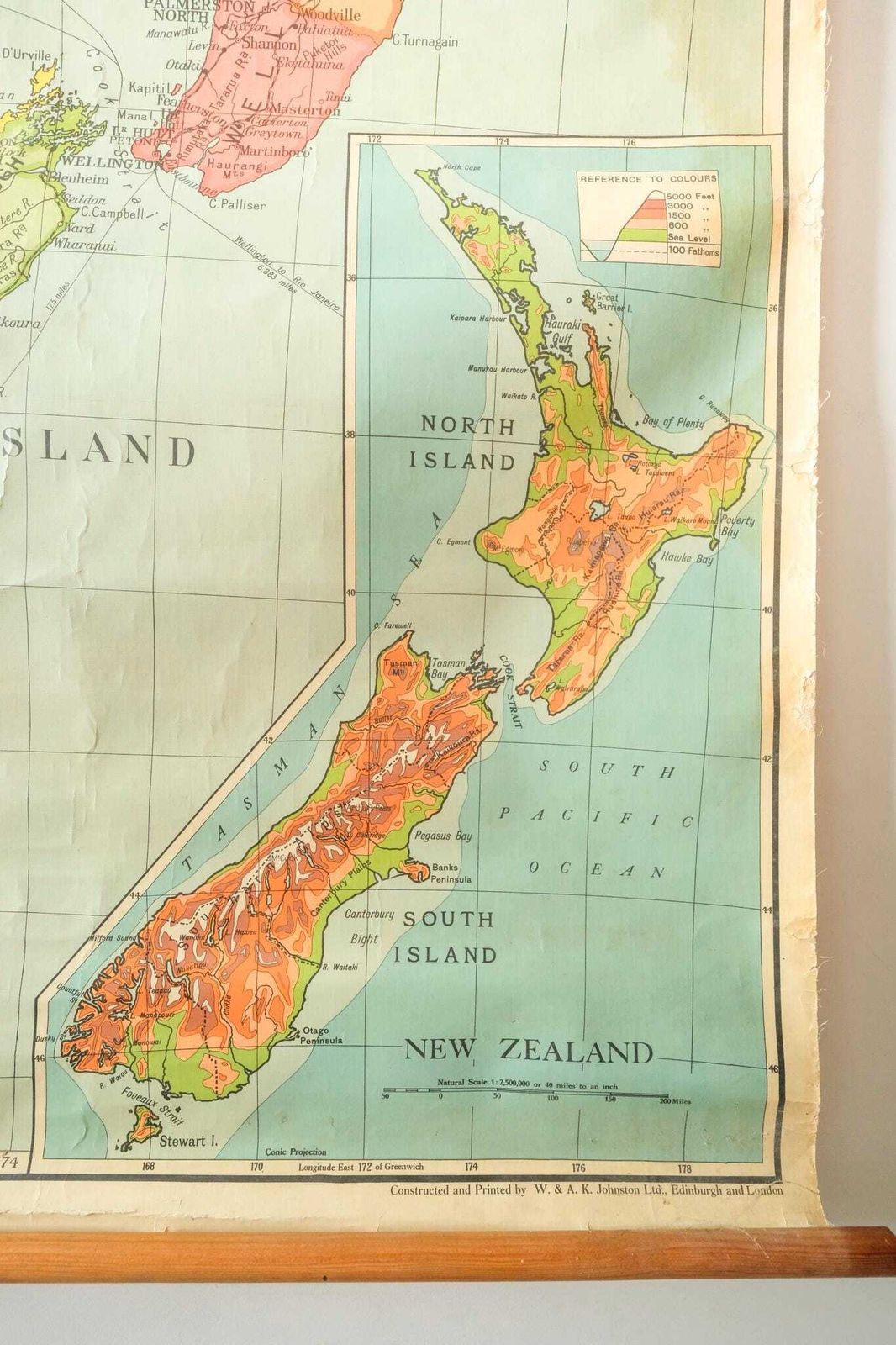 Original 1950s Vintage Mid Century British Educational School Wall Chart New Zealand Map Beautiful W Ak Johnston photo furniture