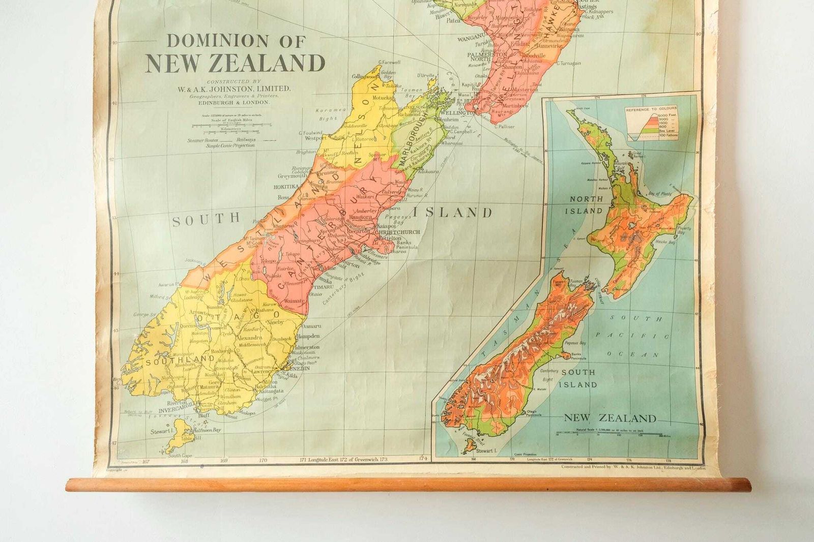 Original 1950s Vintage Mid Century British Educational School Wall Chart New Zealand Map Beautiful W Ak Johnston photo Art