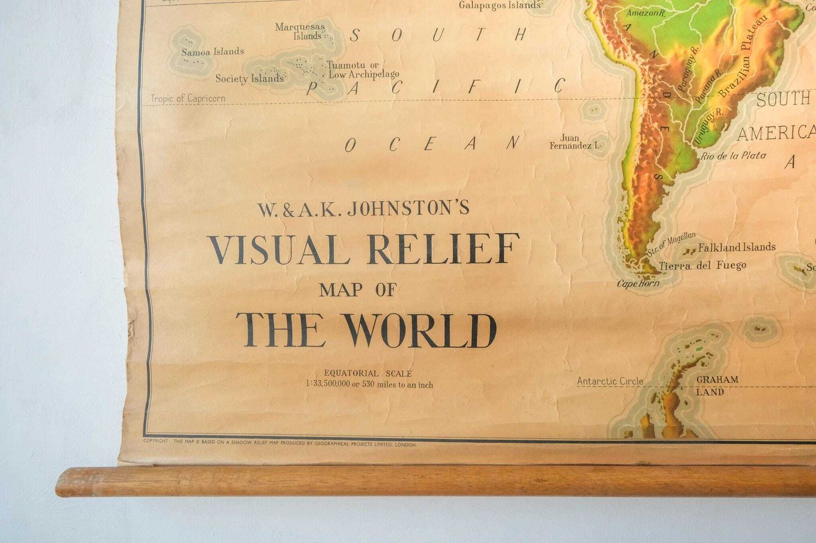 Original British Educational School Wall Chart Relief World Continents Map W & A.K. Johnston Beautiful Rare photo for sale