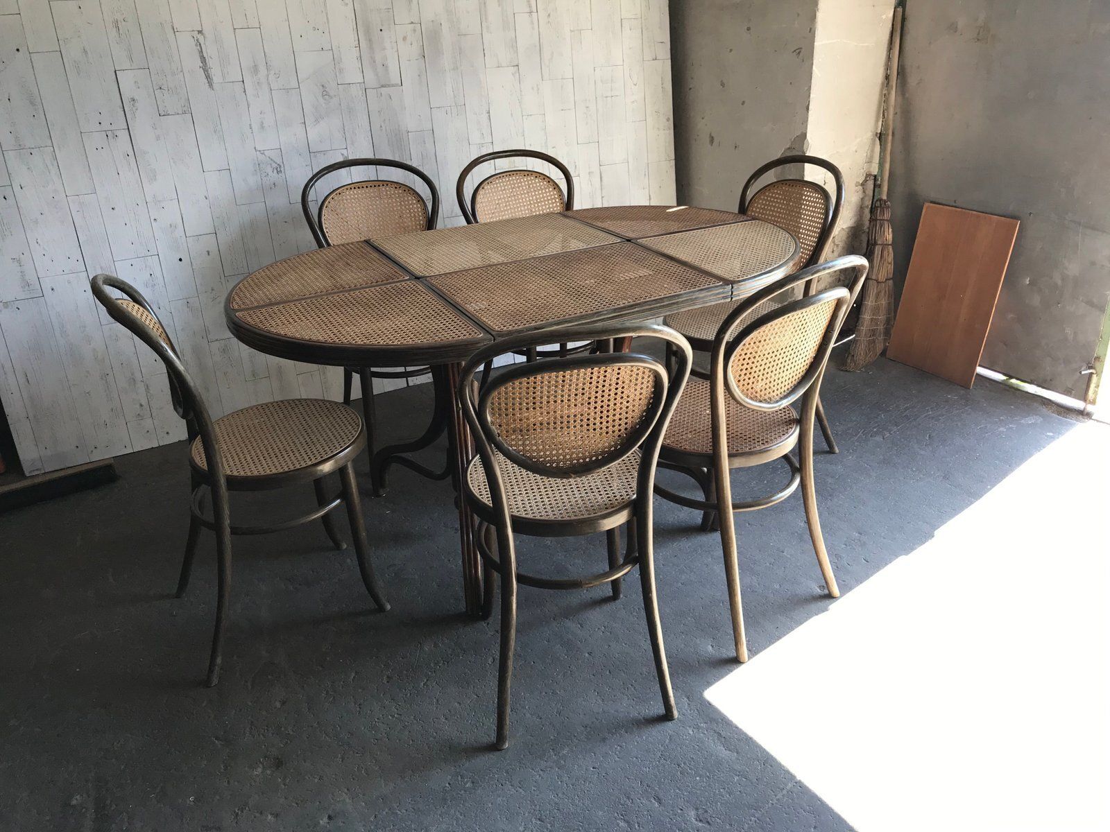 Furniture Oval Dining Chairs & Table In Wood Cane, Germany, 1960s, Set Of 7 photo