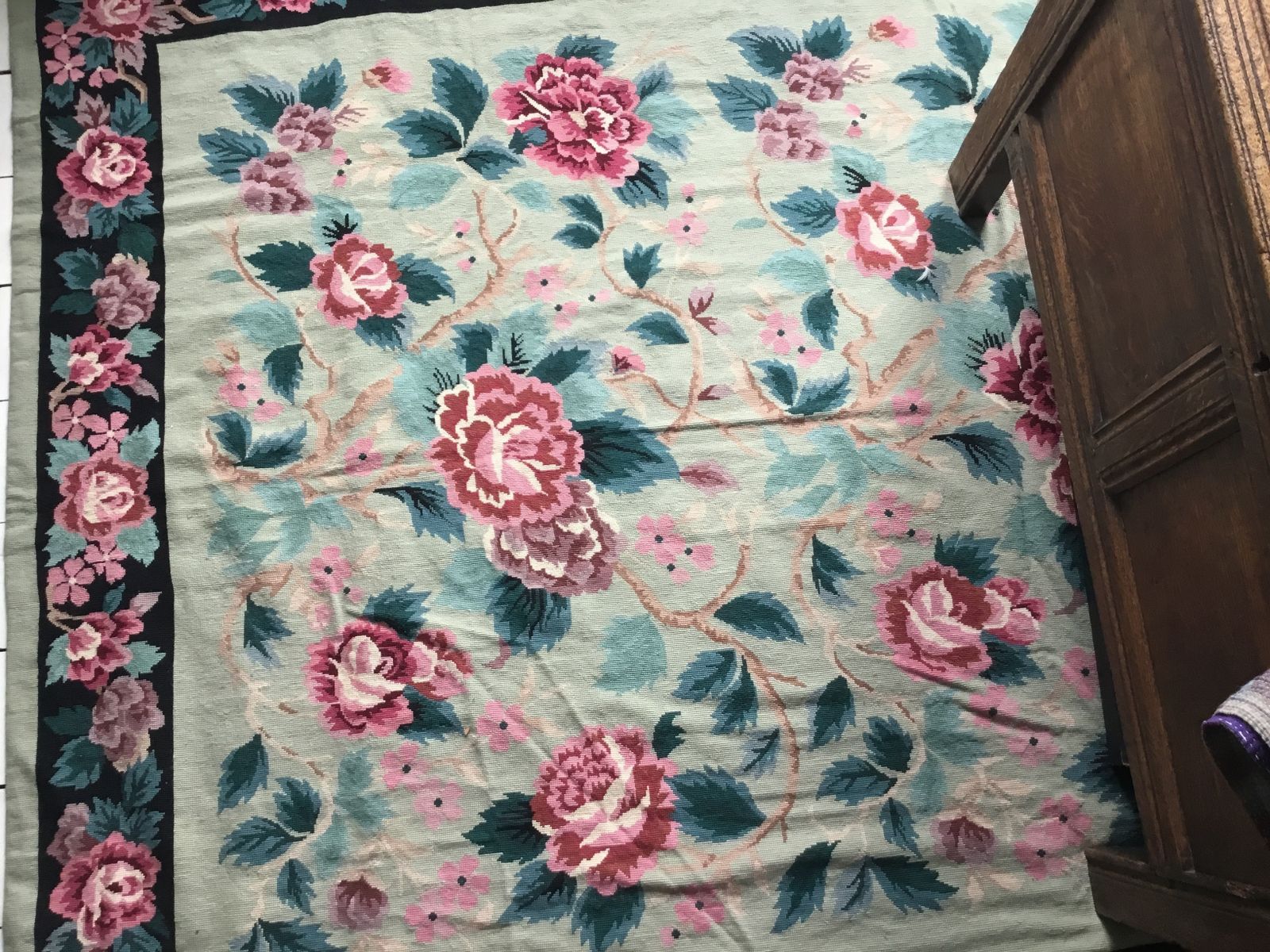 Aqua, Black  And Rose Floral Needlepoint Rug