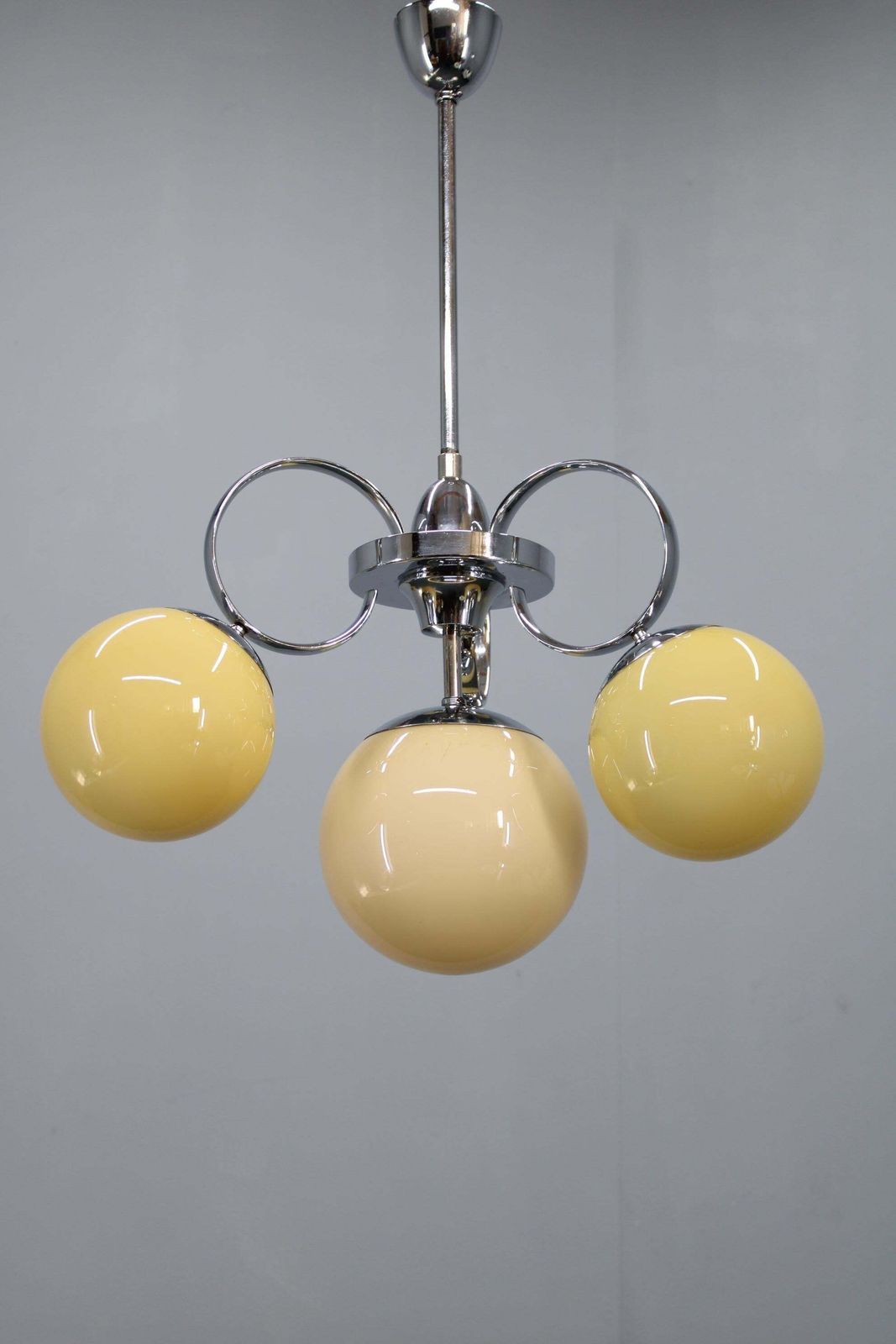 Art Deco Chrome And Champagne Glass Chandelier, Czechoslovakia, 1930s photo furniture