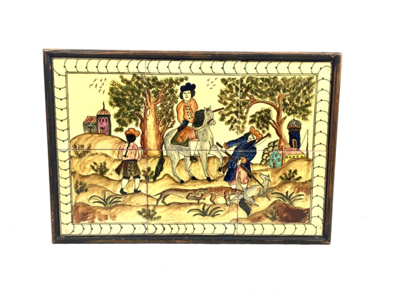 Vintage Hand Painted Framed Hunting Art Scene Ceramic Tiles In Wooden Frame