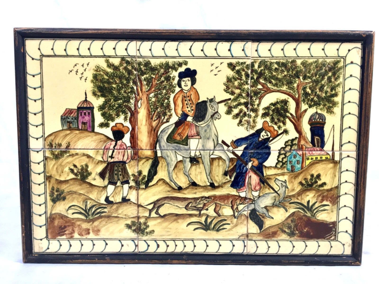 Vintage Hand Painted Framed Hunting Art Scene Ceramic Tiles In Wooden Frame photo for sale