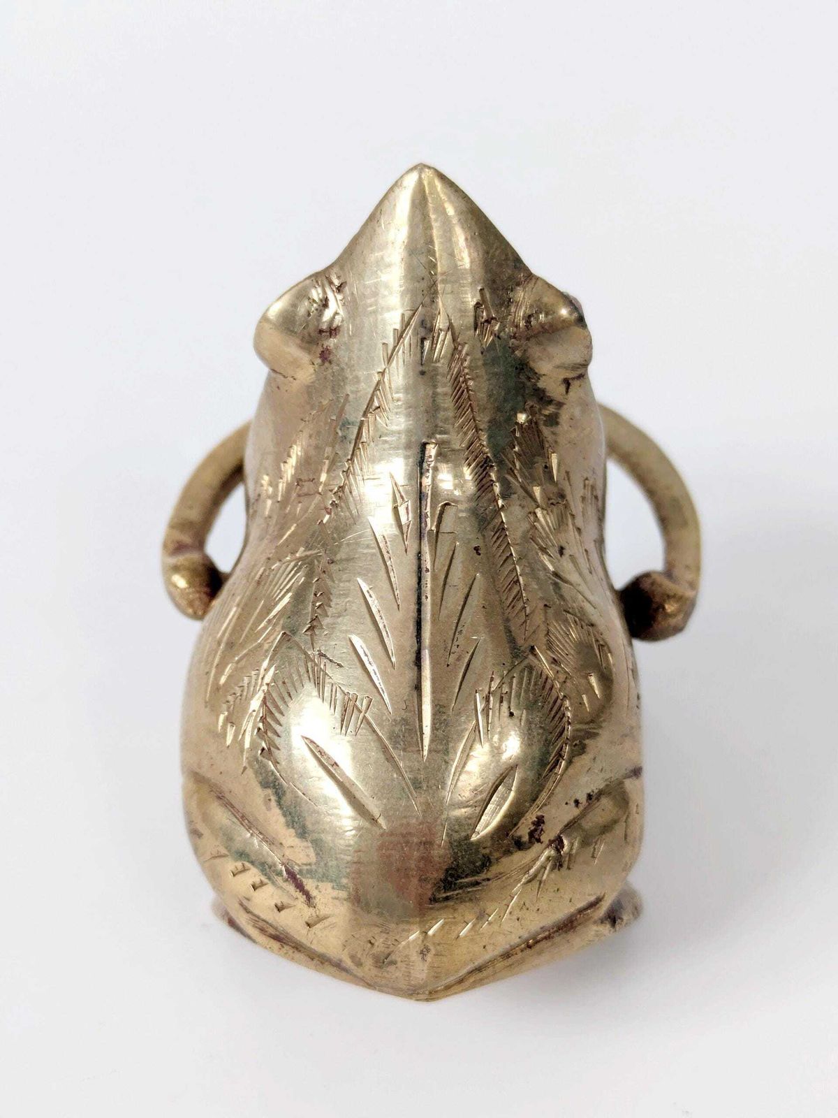 Midentury Vintage Brass Frog Figurine Trinket, Sculptural Quirky With Ruby Red Crystal Eyes photo vinterior