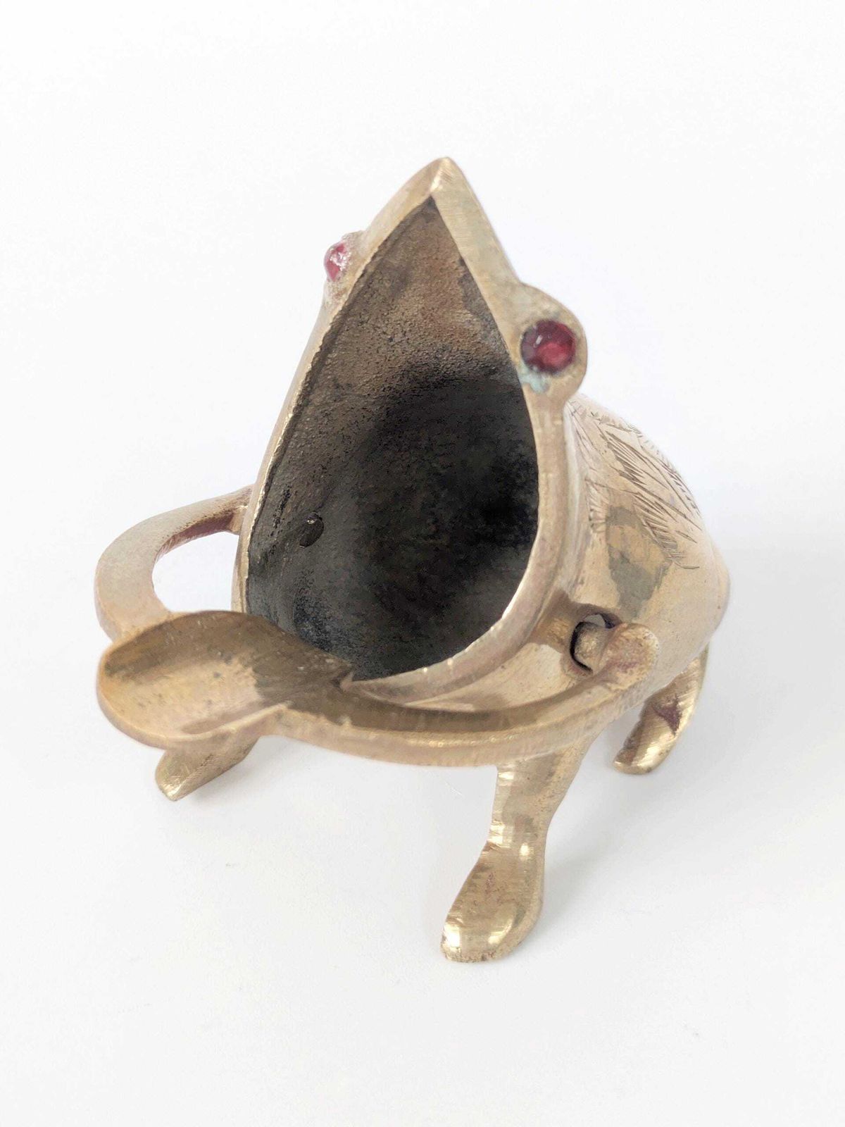 photo for sale Midentury Vintage Brass Frog Figurine Trinket, Sculptural Quirky With Ruby Red Crystal Eyes