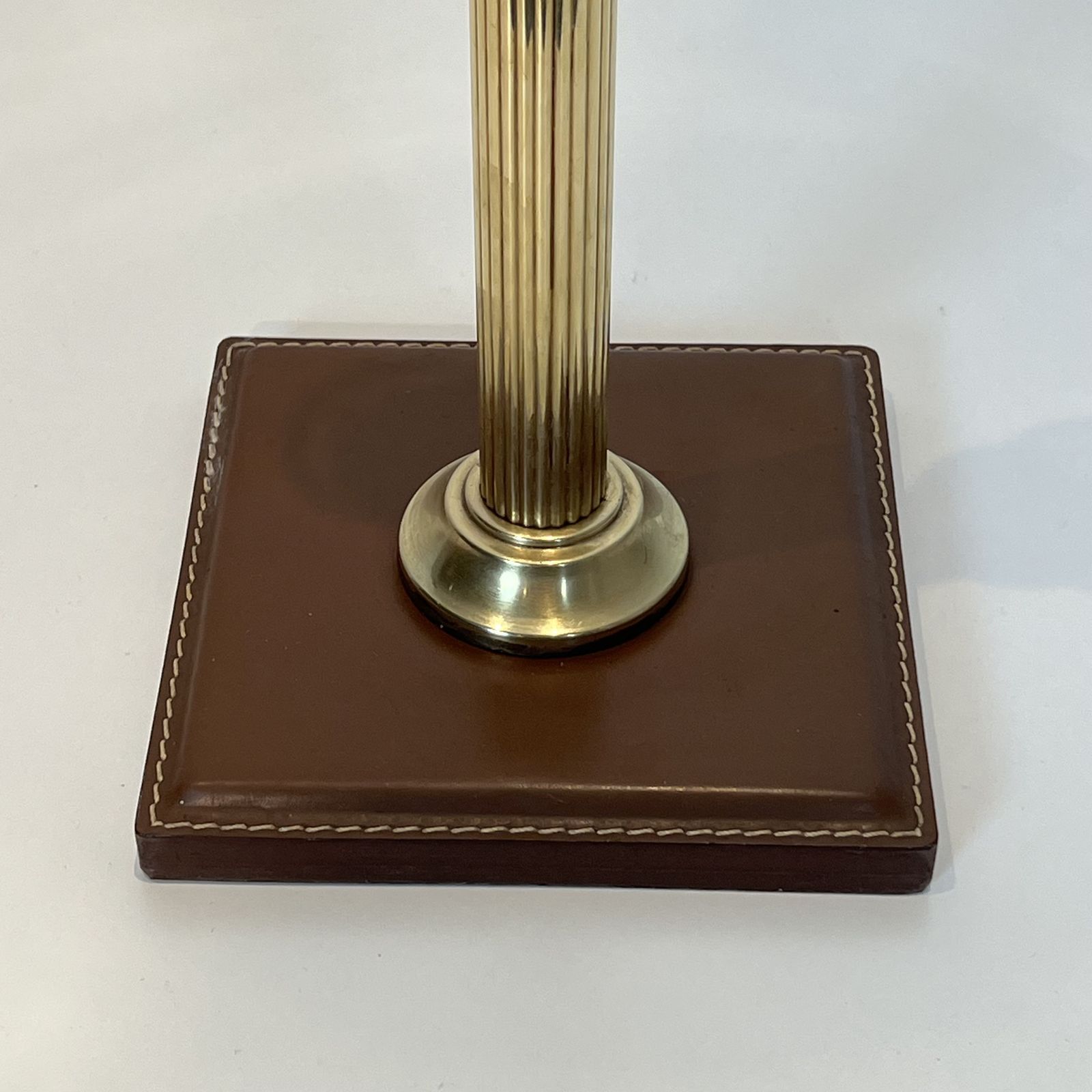 photo for sale Brown Leather And Brass Desk Lamp In The Style Of Jacques Adnet
