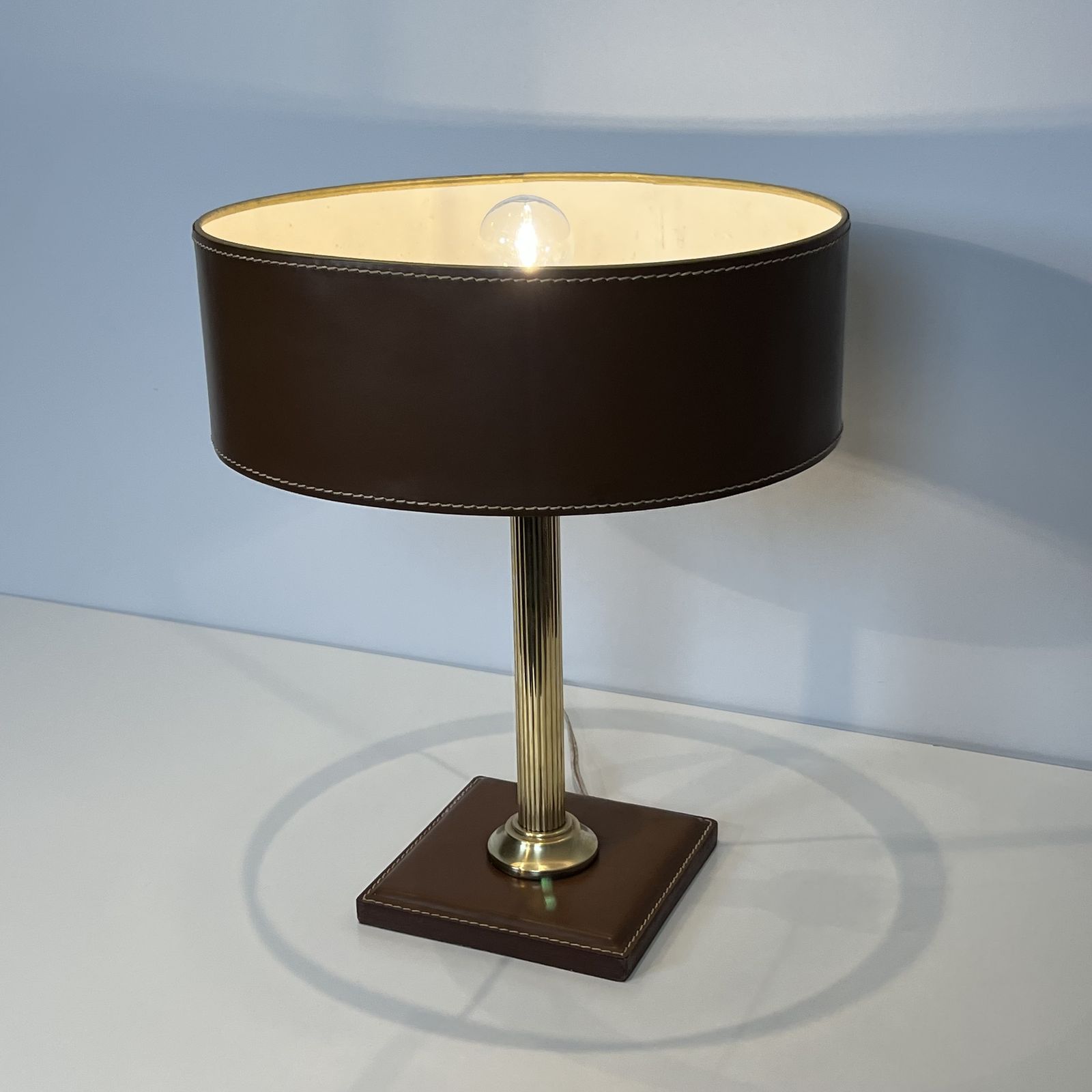 1250.0 Brown Leather And Brass Desk Lamp In The Style Of Jacques Adnet photo