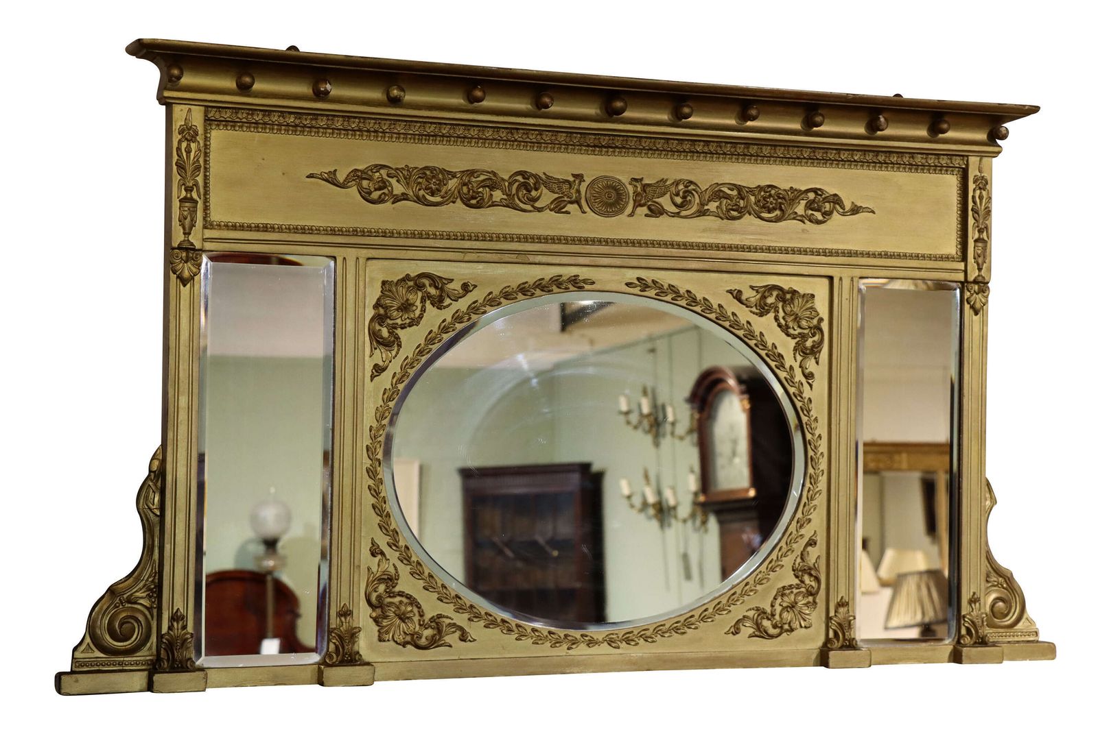 Fine Regency Gilt Overmantel Mirror With Laurel Wreath And Griffin Frieze, Circa 1830 photo furniture