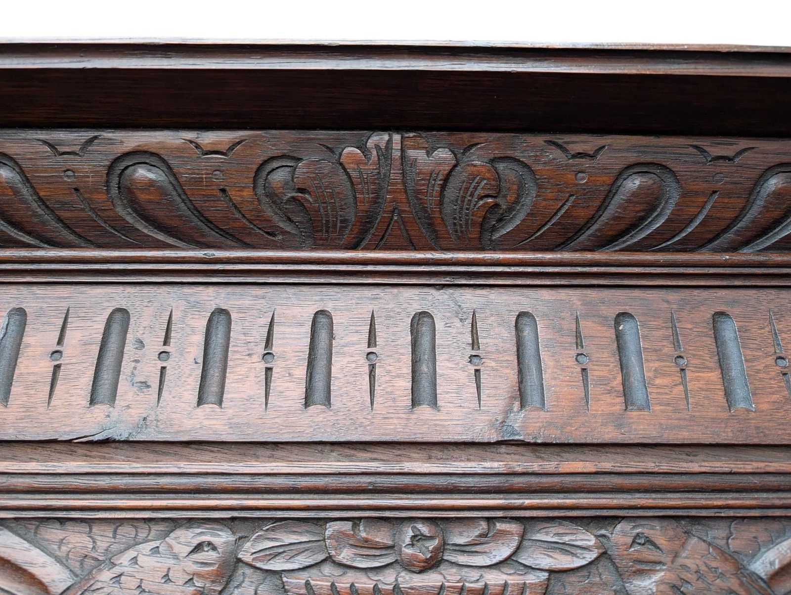 photo for sale Antique 19th Century Renaissance Revival Carved Oak Wall Coat Rack