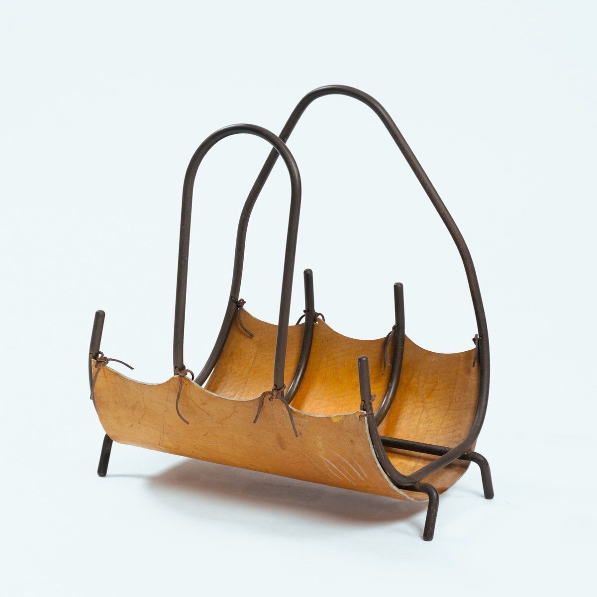 Leather And Steel Log Basket In Black Steel And Tan Leather With Asymmetric Handles, Spain, 1960s