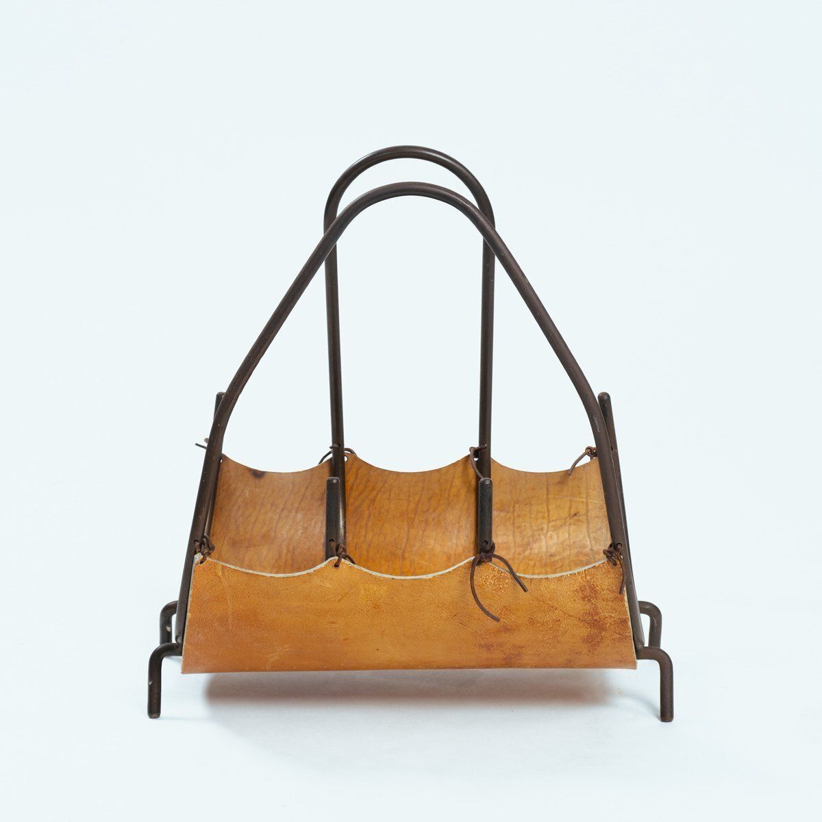 Leather And Steel Log Basket In Black Steel And Tan Leather With Asymmetric Handles, Spain, 1960s photo furniture