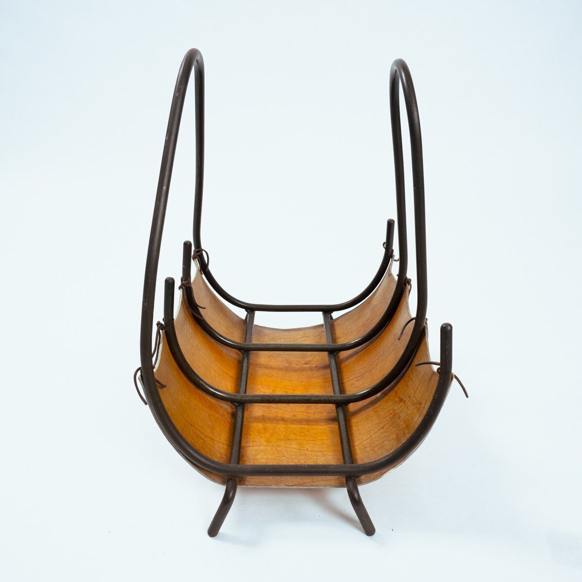 Leather And Steel Log Basket In Black Steel And Tan Leather With Asymmetric Handles, Spain, 1960s photo Home Decor