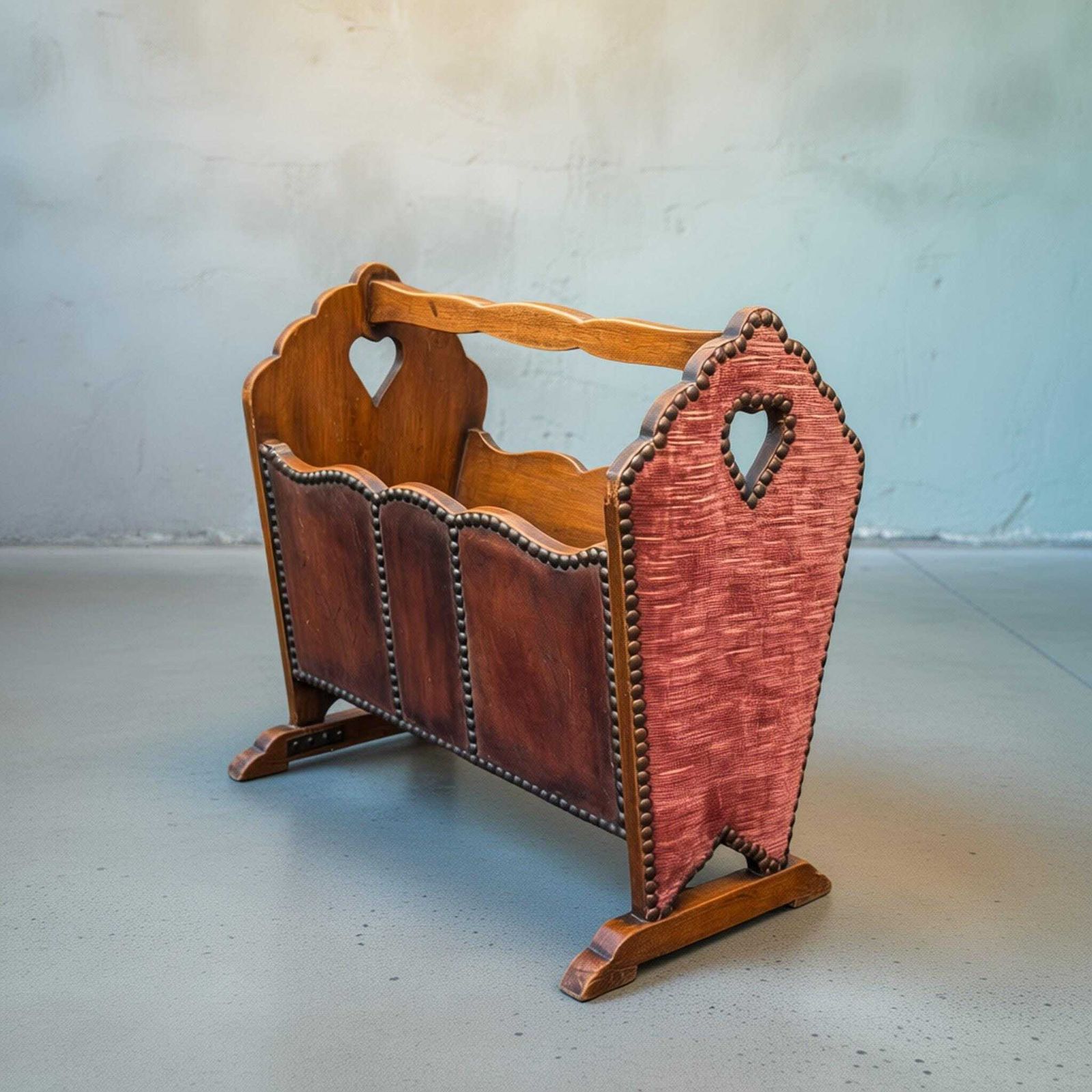 English Arts & Crafts Magazine Rack With Leather Panels And Heart Cutouts