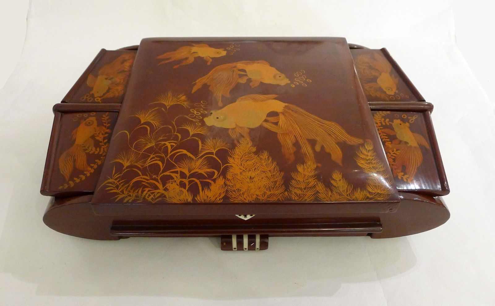 Large Mid Century Lacquered Wooden Jewelry Box With Fish, Asia, 1950s photo furniture