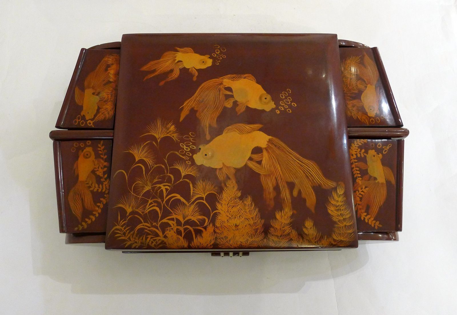 Large Mid Century Lacquered Wooden Jewelry Box With Fish, Asia, 1950s photo for sale