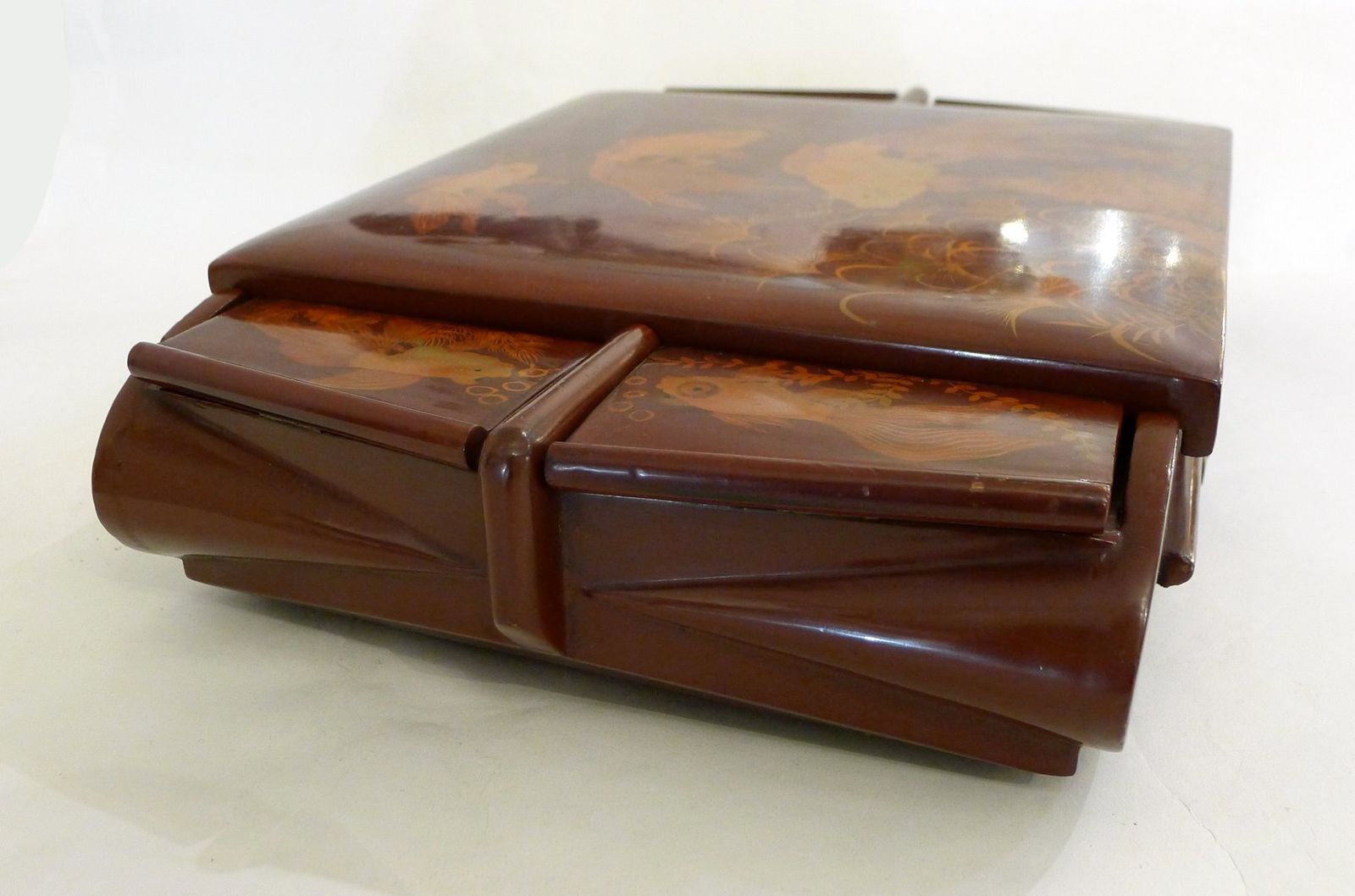 Large Mid Century Lacquered Wooden Jewelry Box With Fish, Asia, 1950s photo vinterior