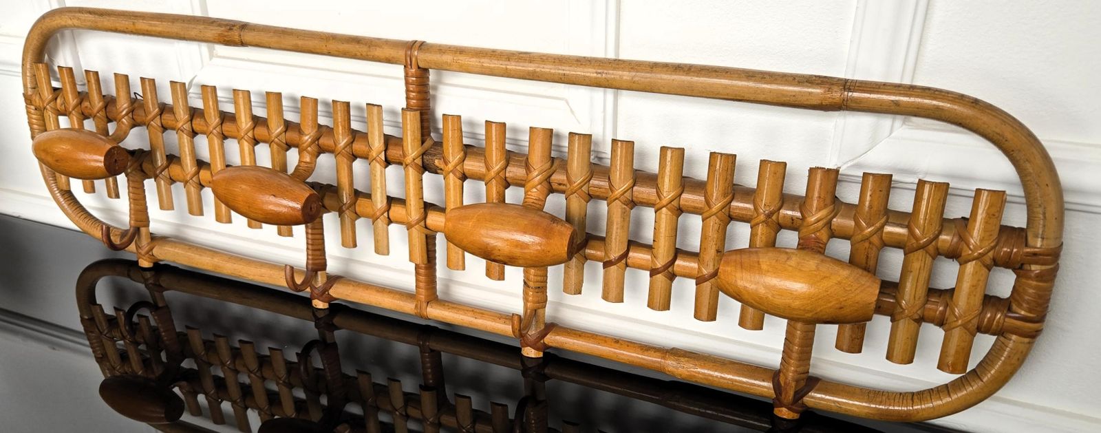 1960s, Italian Bamboo Rattan Bohemian 4 Hooks Wall Coat Hanger photo furniture