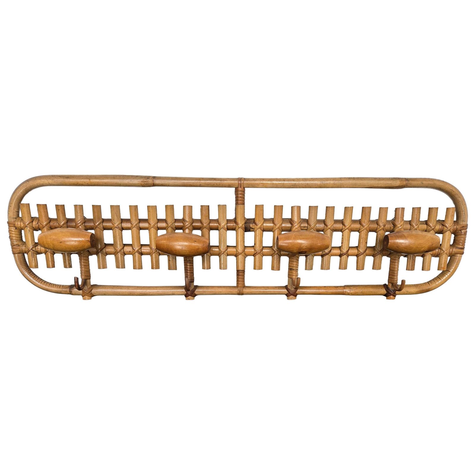 1960s, Italian Bamboo Rattan Bohemian 4 Hooks Wall Coat Hanger photo vinterior