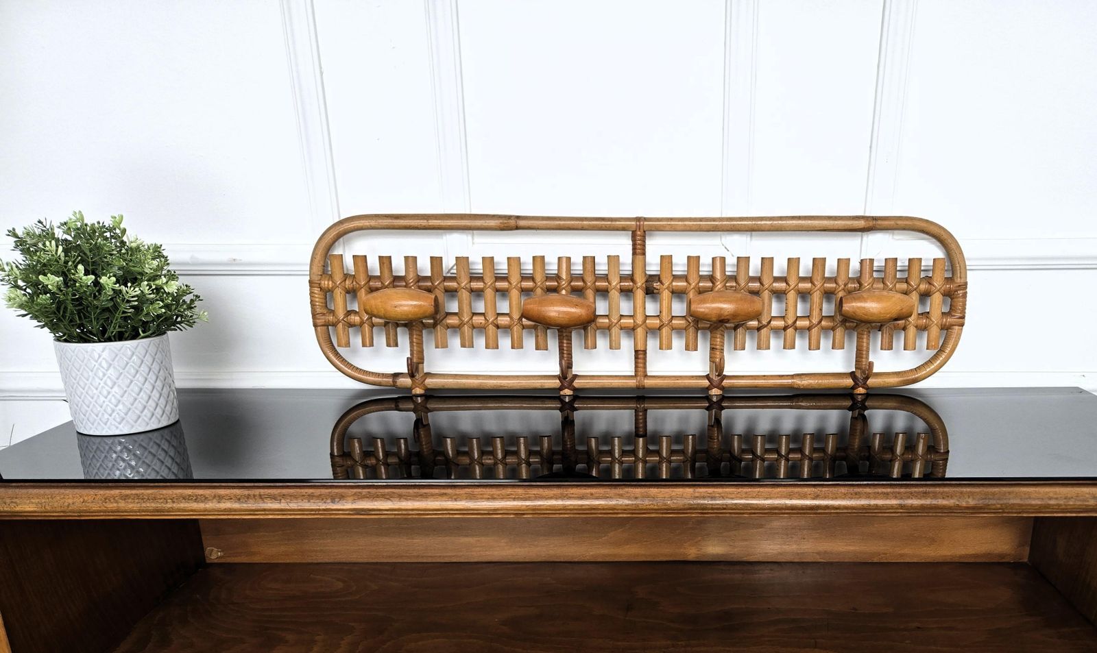 1960s, Italian Bamboo Rattan Bohemian 4 Hooks Wall Coat Hanger photo buy
