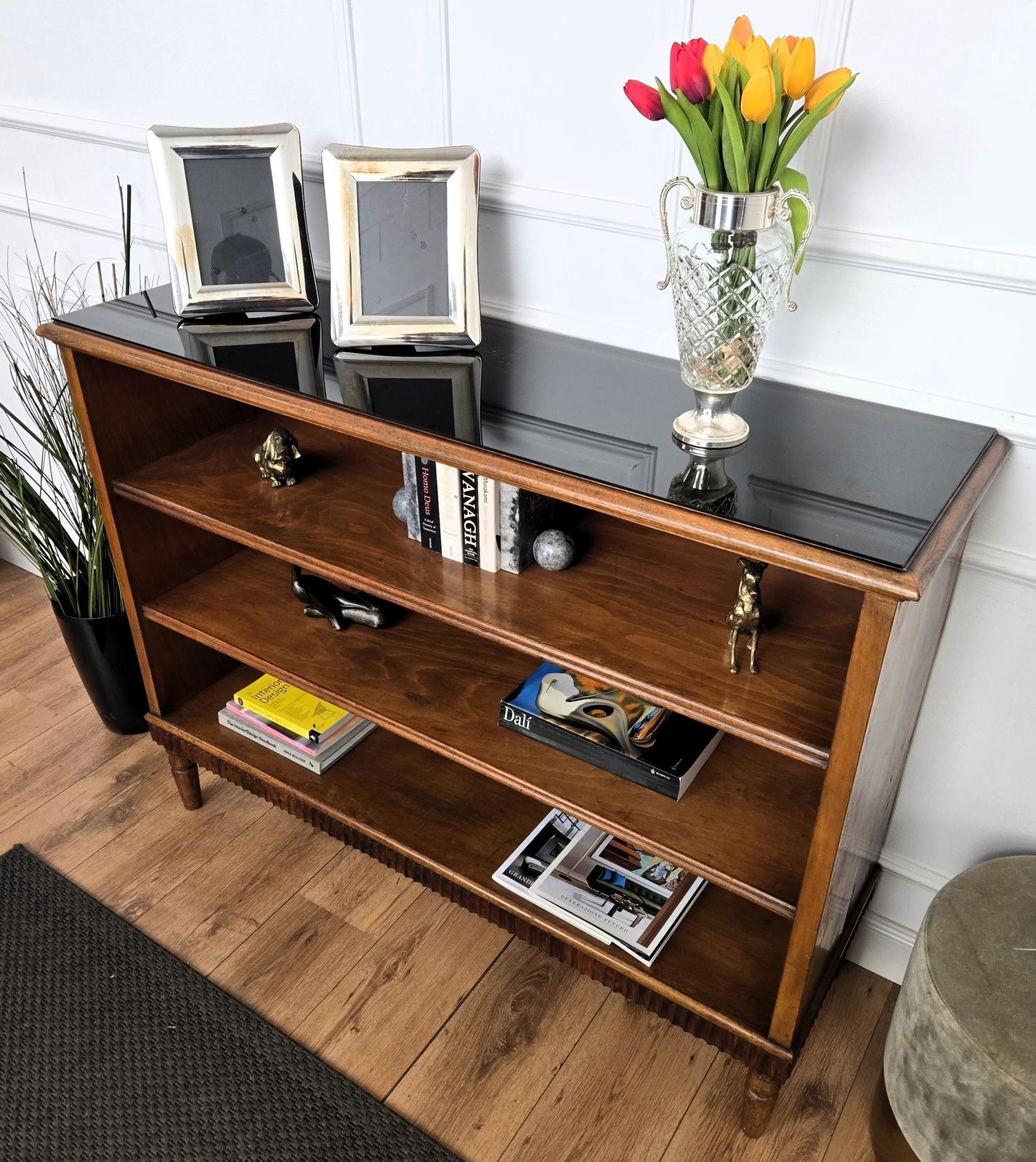 Midcentury Italian Walnut Burl Wood Three Shelves Open Bookcase Library photo for sale