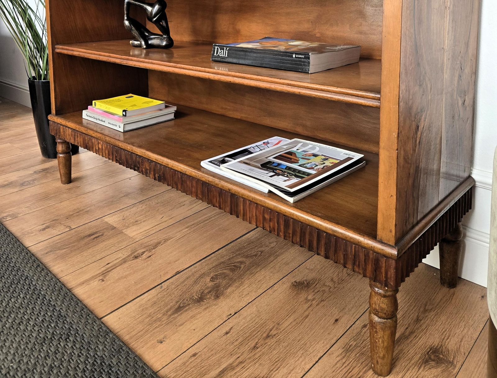 Midcentury Italian Walnut Burl Wood Three Shelves Open Bookcase Library photo vinterior