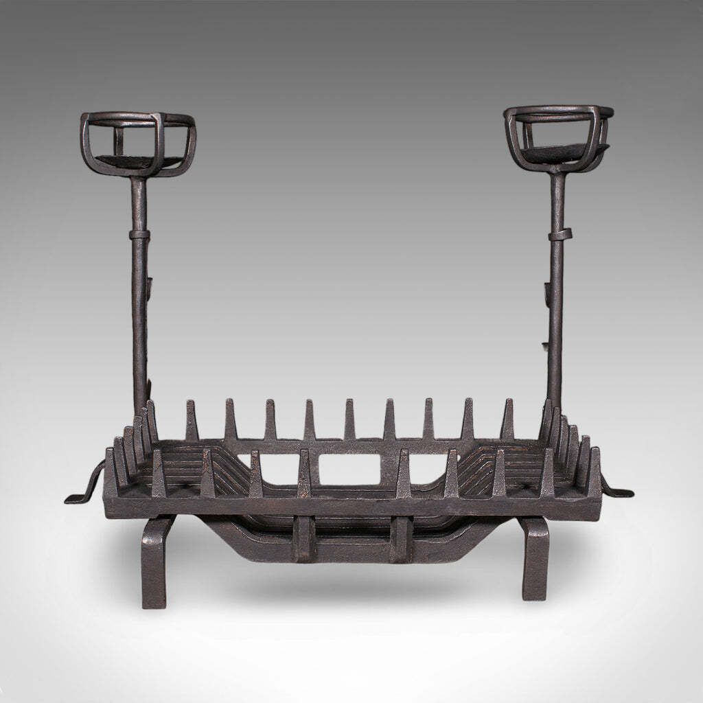 Antique Fireplace Set English Cast Iron Fire Basket Mulling Andiron Georgian photo Home Fixtures