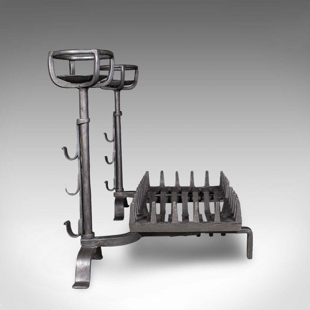 Antique Fireplace Set English Cast Iron Fire Basket Mulling Andiron Georgian photo 4087.0