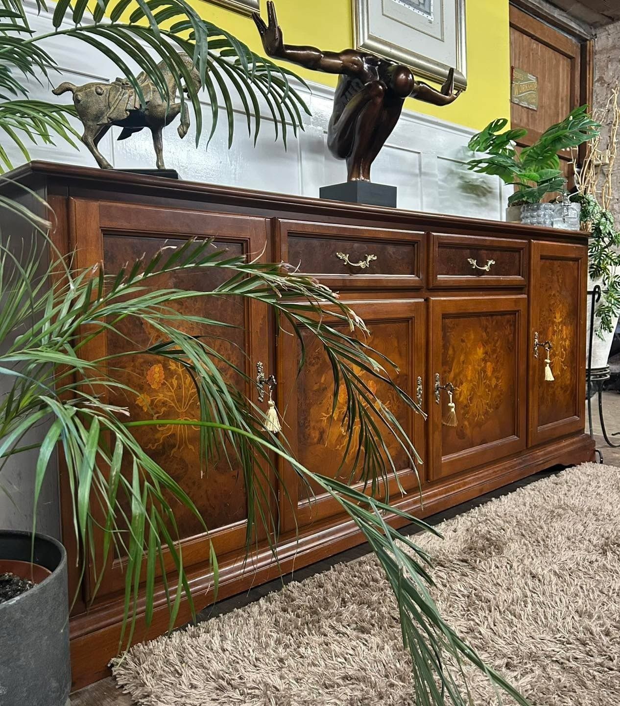 Stunning, Intricately Inlaid Italian Revival Walnut & Cherry Sideboard.