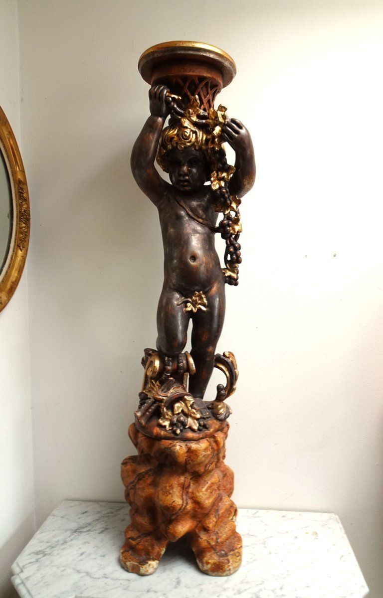 photo furniture Italian Gilded And Carved Wooden Cherub Pedestal Plant Stand, 1970s