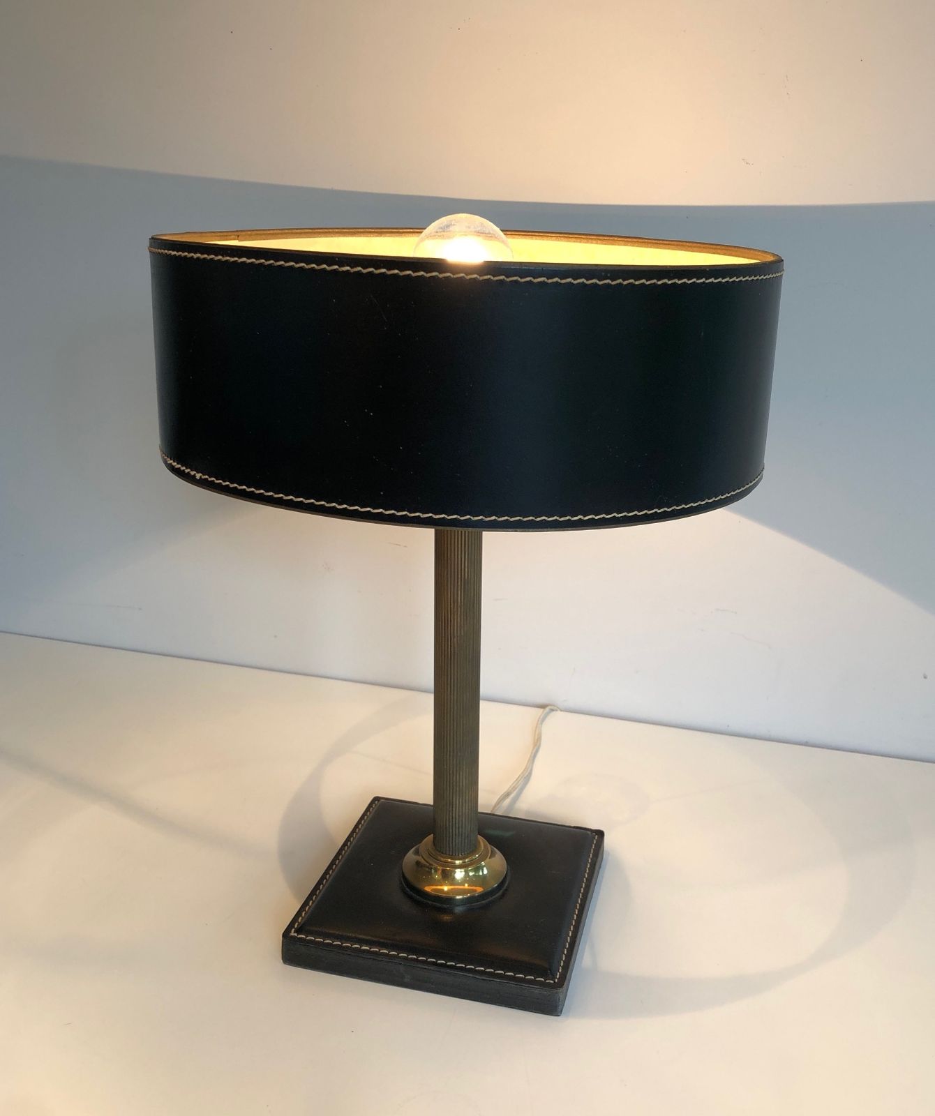 Black Leather And Brass Desk Lamp In The Style Of Jacques Adnet photo for sale
