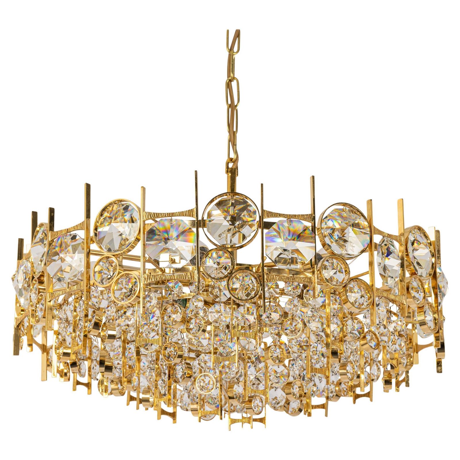 Large Gilt Brass And Crystal Chandelier, By Palwa, Germany, 1970s