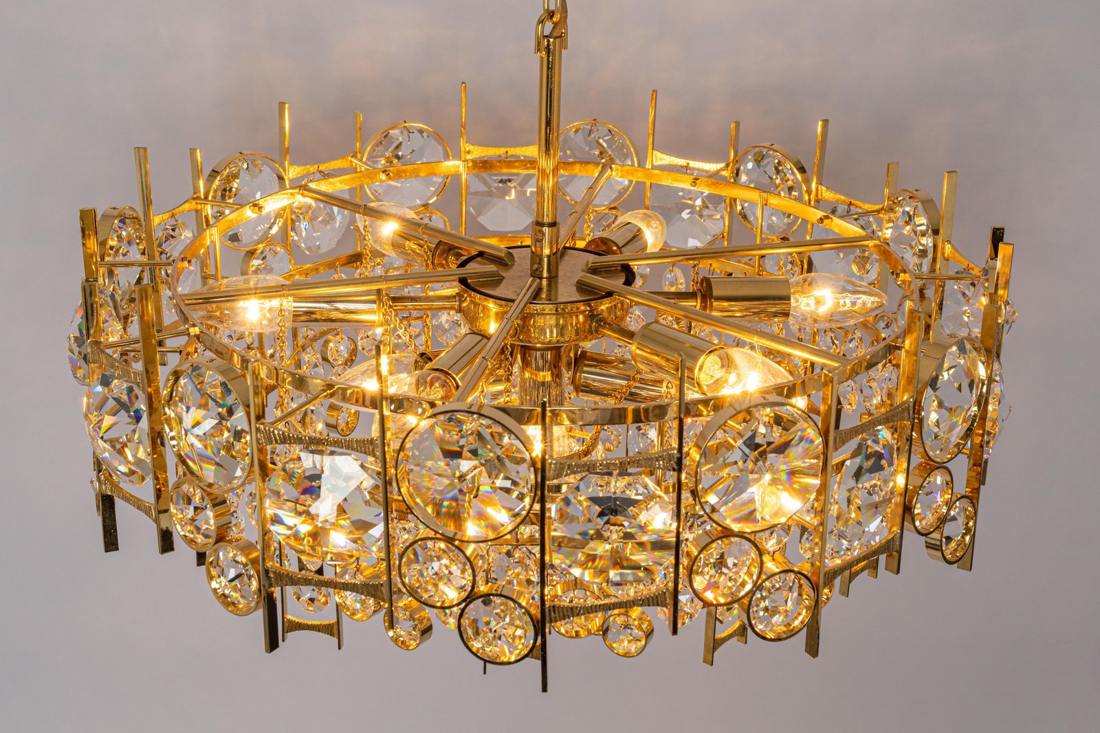 photo furniture Large Gilt Brass And Crystal Chandelier, By Palwa, Germany, 1970s