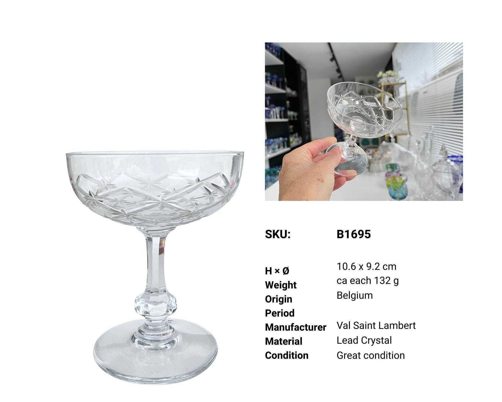 Val Saint Lambert Champagne Coupe | 5 Stuks | Belgisch Geslepen Kristal. photo for sale