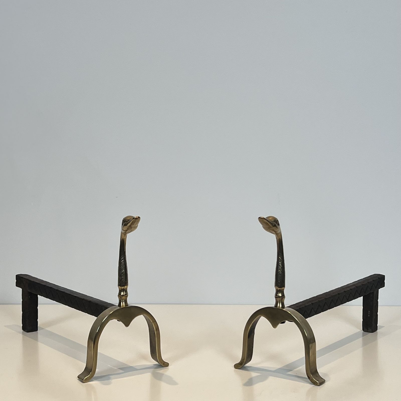 Pair Of Brass Andirons With Ducks. In The Style Of Maison Jansen photo furniture