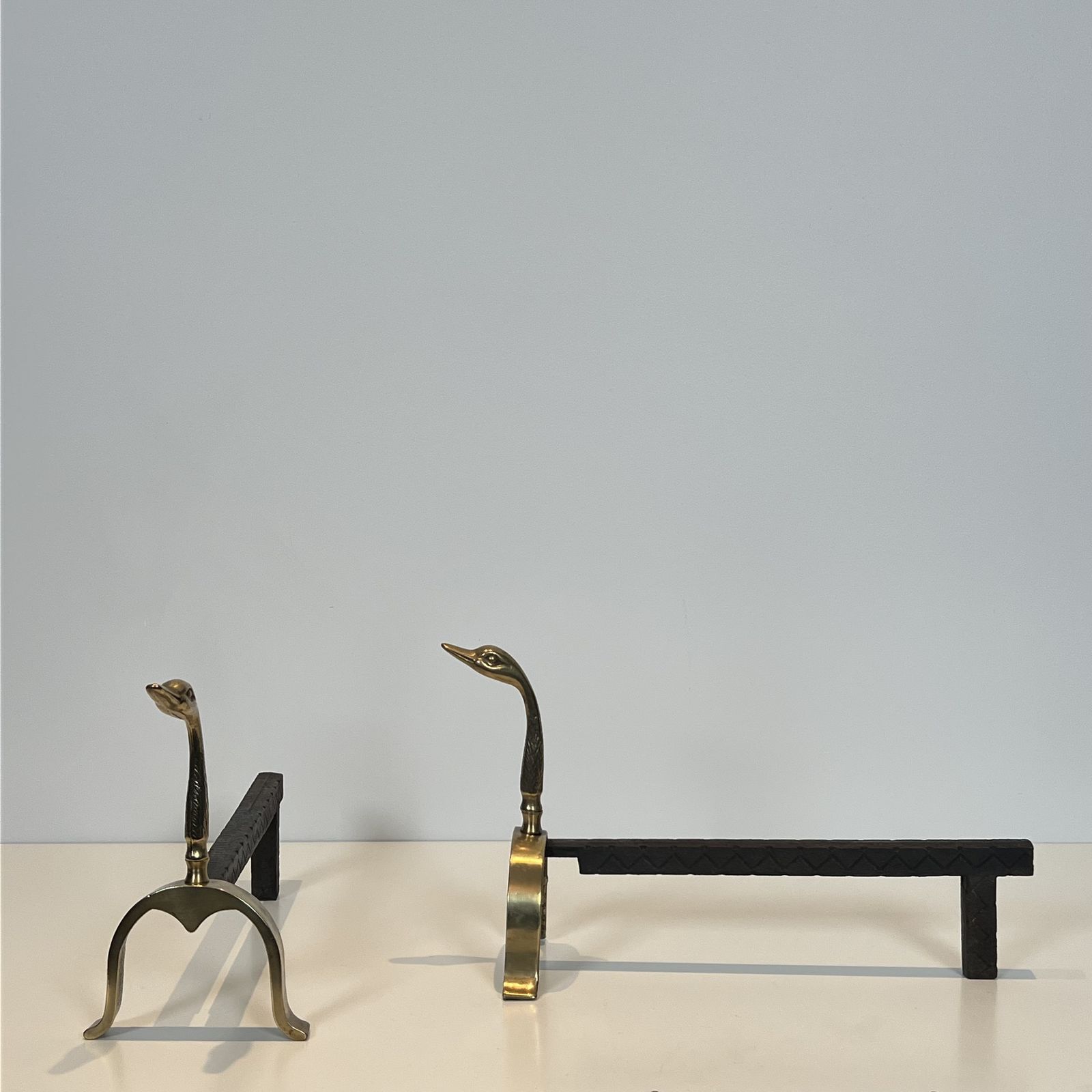 Pair Of Brass Andirons With Ducks. In The Style Of Maison Jansen photo 1450.0