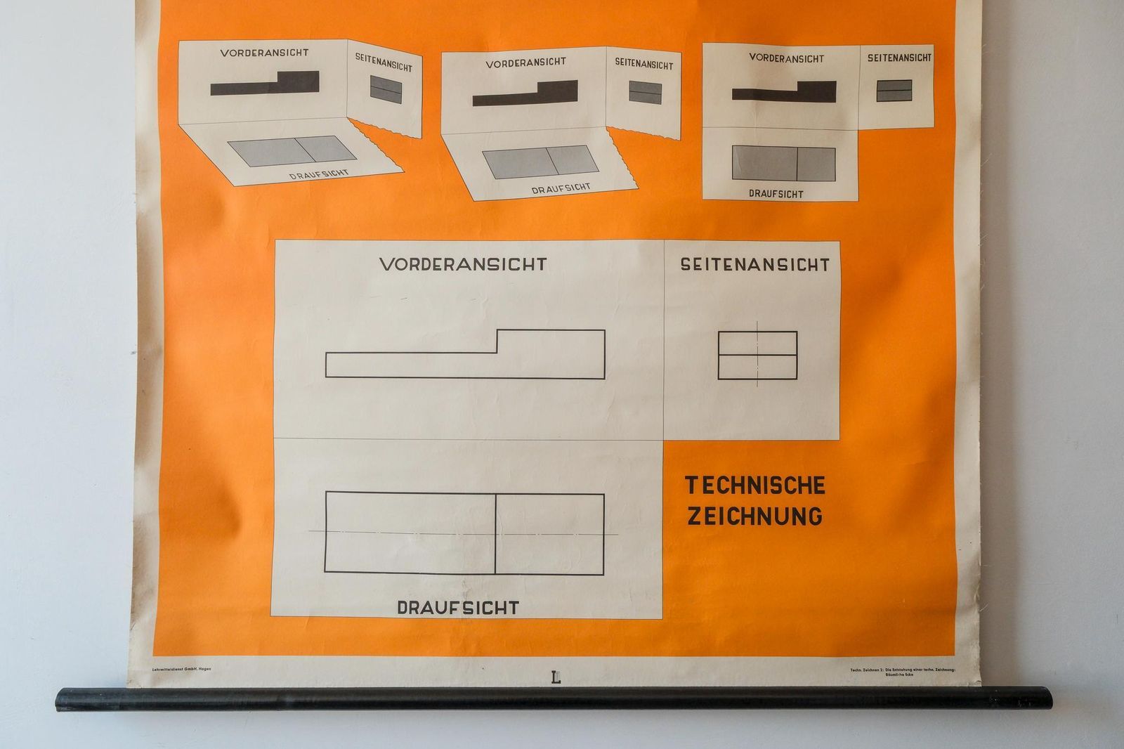 Original Scientific Vintage German School Wall Chart Creation Of A Technical Drawing Educational Graphic Design photo for sale