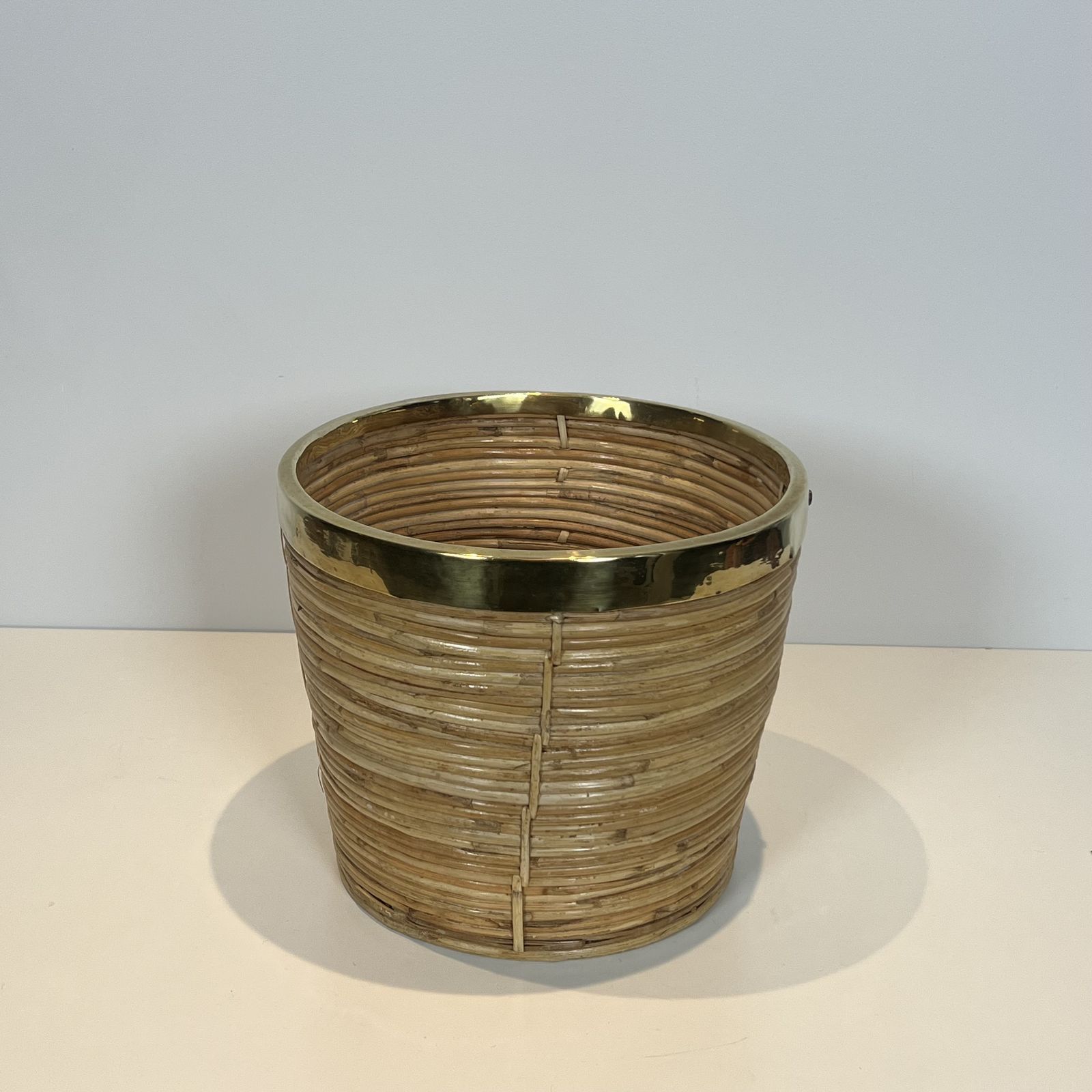 Rattan And Brass Wastepaper Basket In The Style Of Gabriela Crespi photo furniture
