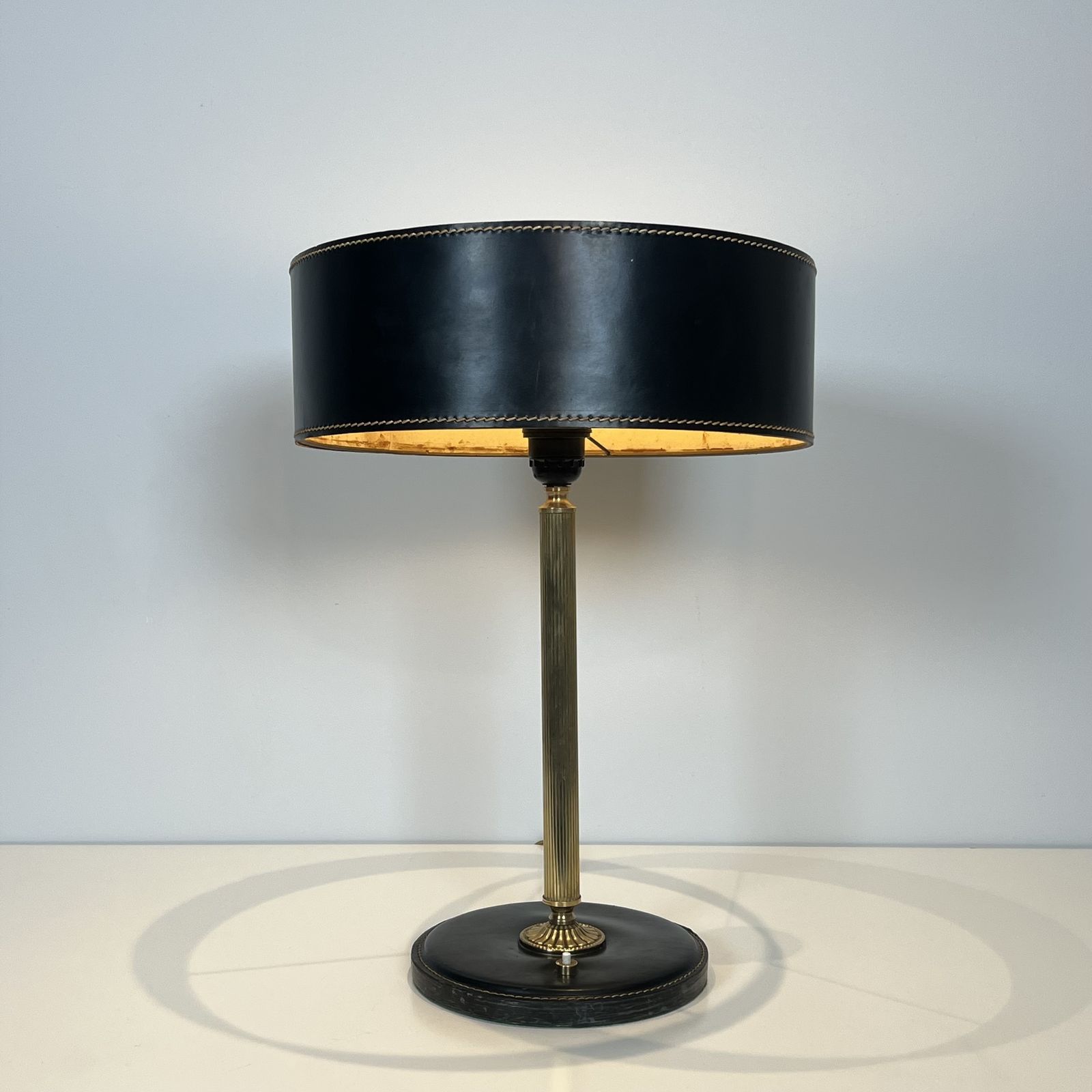 Black Leather And Brass Desk Lamp In The Style Of Jacques Adnet photo for sale