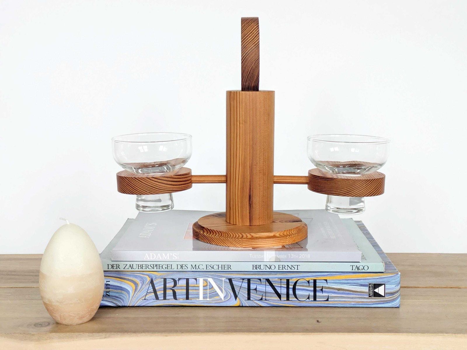 Midcentury Scandinavian Pine Candle Holder With Glass Bowls, Sculptural Nordic Wood Centerpiece photo furniture