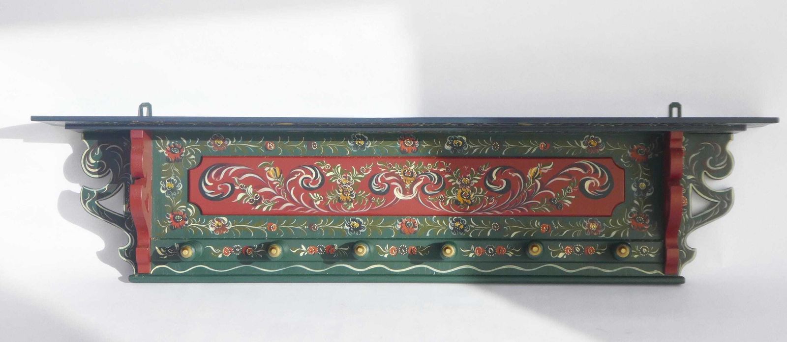 Antique Carved Folk Art Dutch Wall Rack, Wooden Hand Painted Floral Coat Rack