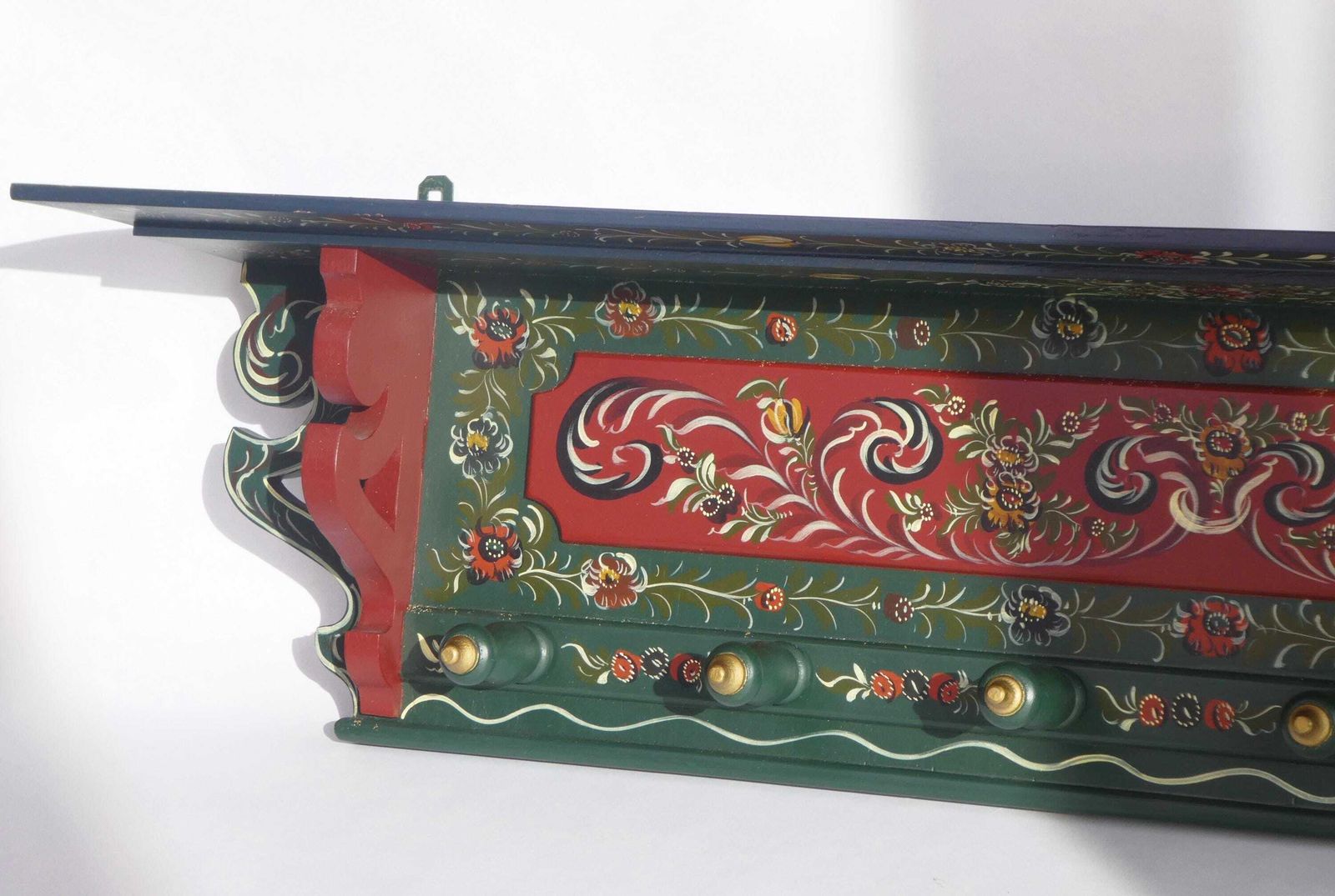 Antique Carved Folk Art Dutch Wall Rack, Wooden Hand Painted Floral Coat Rack photo furniture