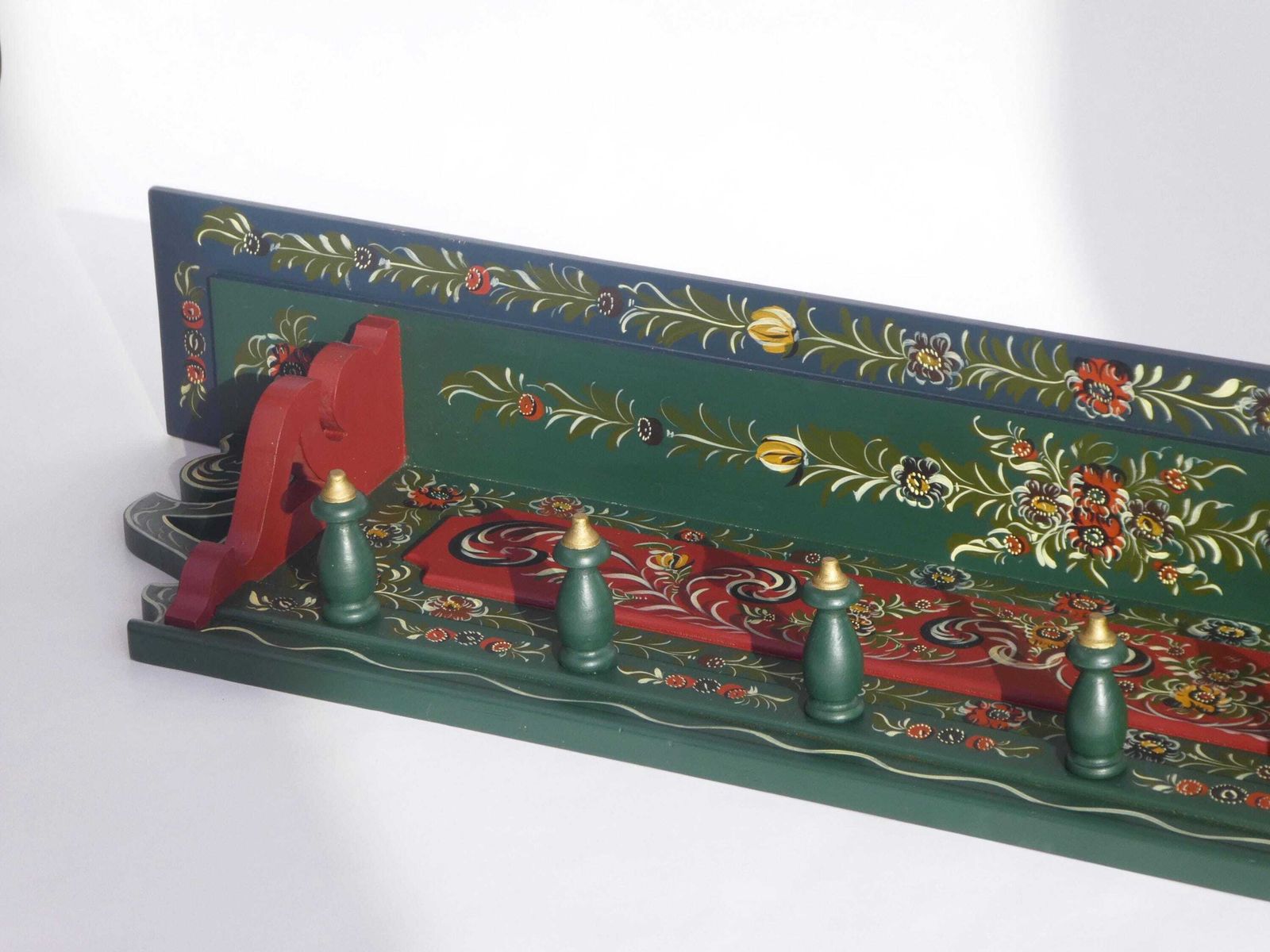 Antique Carved Folk Art Dutch Wall Rack, Wooden Hand Painted Floral Coat Rack photo vintage