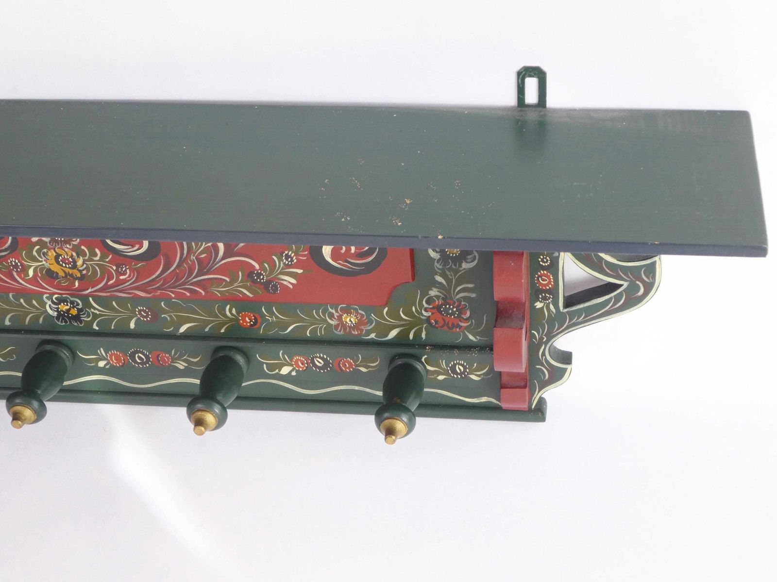 photo for sale Antique Carved Folk Art Dutch Wall Rack, Wooden Hand Painted Floral Coat Rack