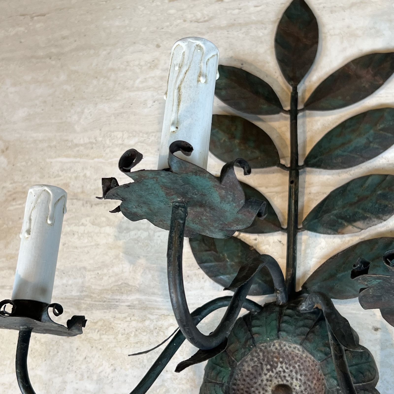 Pair Of Decorative Wall Sconces With Sunflowers And Foliage In Patinated Metal photo buy