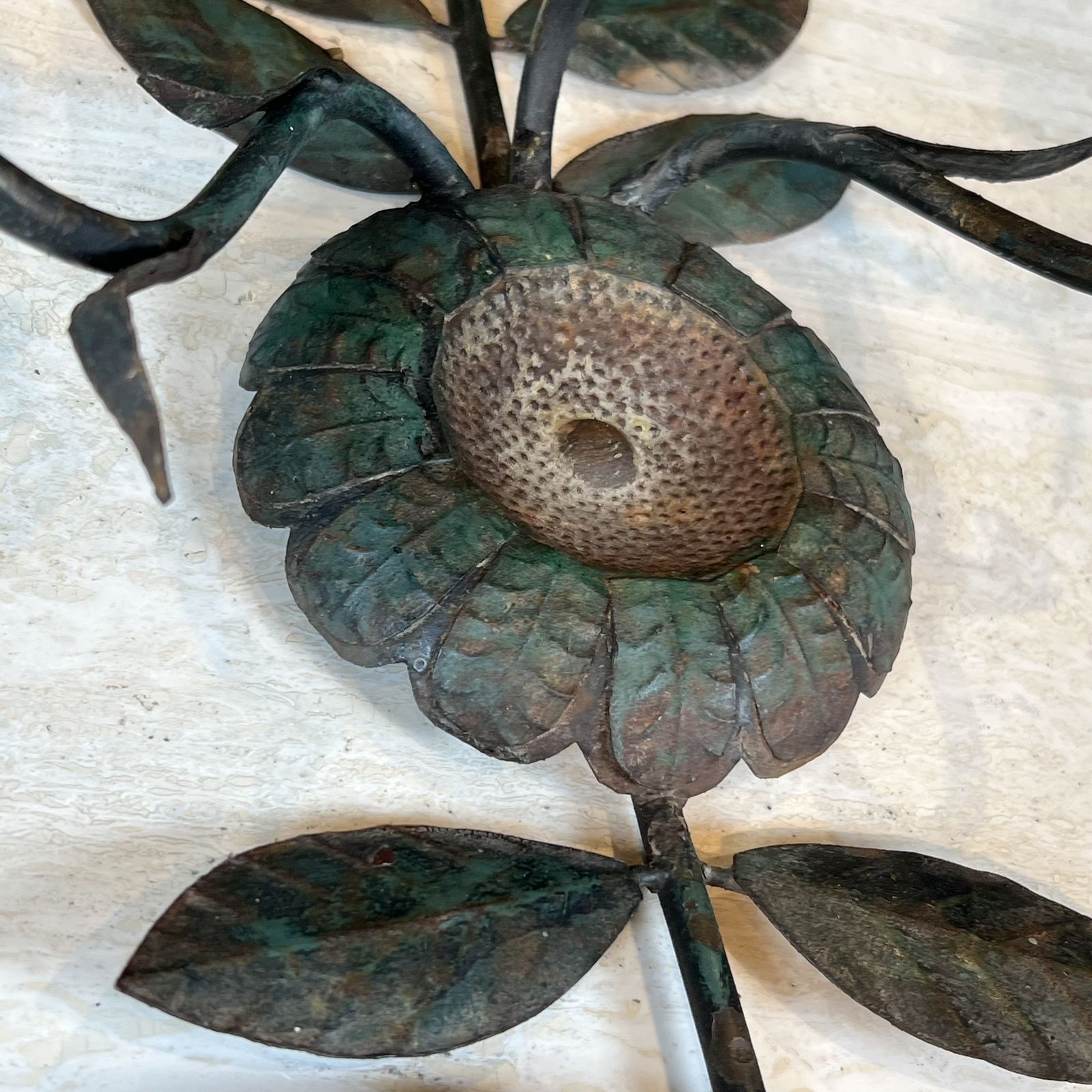 Pair Of Decorative Wall Sconces With Sunflowers And Foliage In Patinated Metal photo vintage