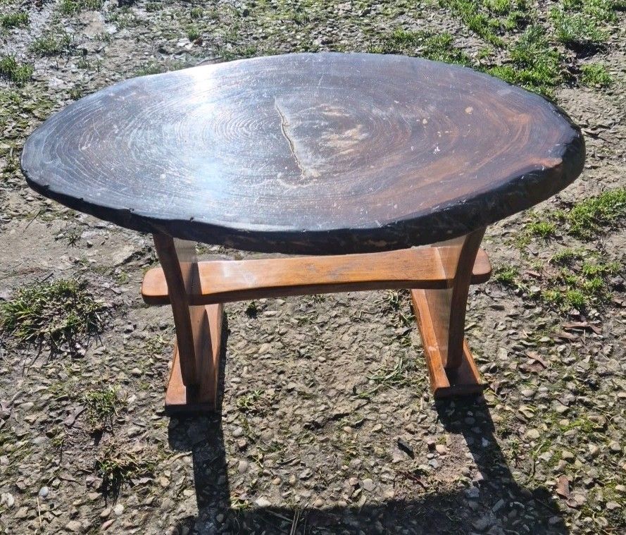 Handmade Rustic Vintage Wooden Coffee Table Oval Tree Trunk Side Table photo vinterior